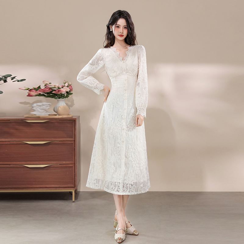 Women's Lace A-Line Midi Dress with V-Neck and Long Sleeves - Image 4