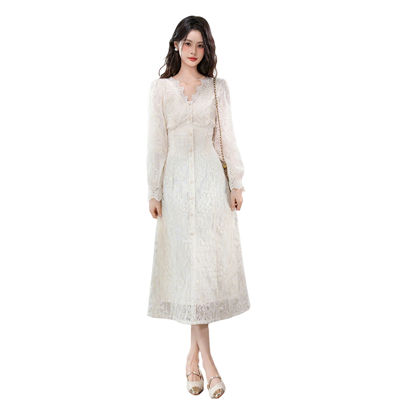Women's Lace A-Line Midi Dress with V-Neck and Long Sleeves - Image 5