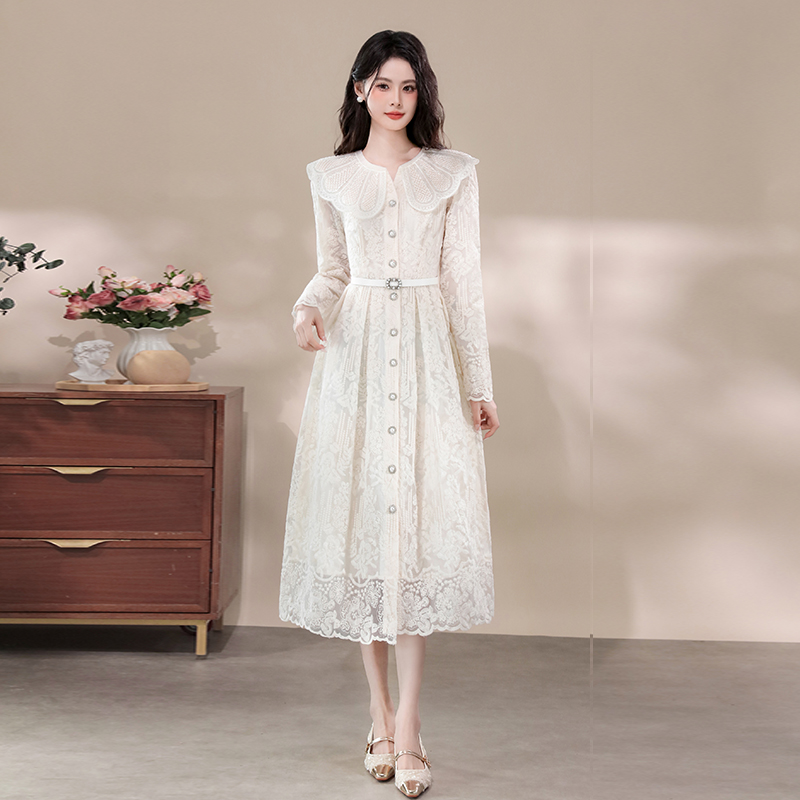 Women's Long Sleeve A-Line Lace Embroidered Dress with Doll Collar and Button Front - Style a54aa8