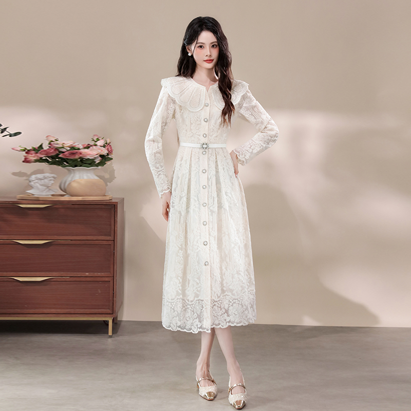 Women's Long Sleeve A-Line Lace Embroidered Dress with Doll Collar and Button Front - Style a54aa8 - Image 2