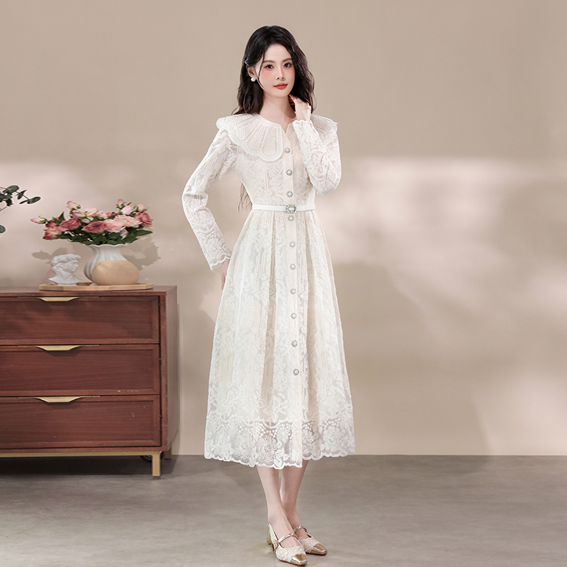 Women's Long Sleeve A-Line Lace Embroidered Dress with Doll Collar and Button Front - Style a54aa8 - Image 3