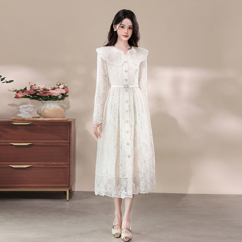 Women's Long Sleeve A-Line Lace Embroidered Dress with Doll Collar and Button Front - Style a54aa8 - Image 4