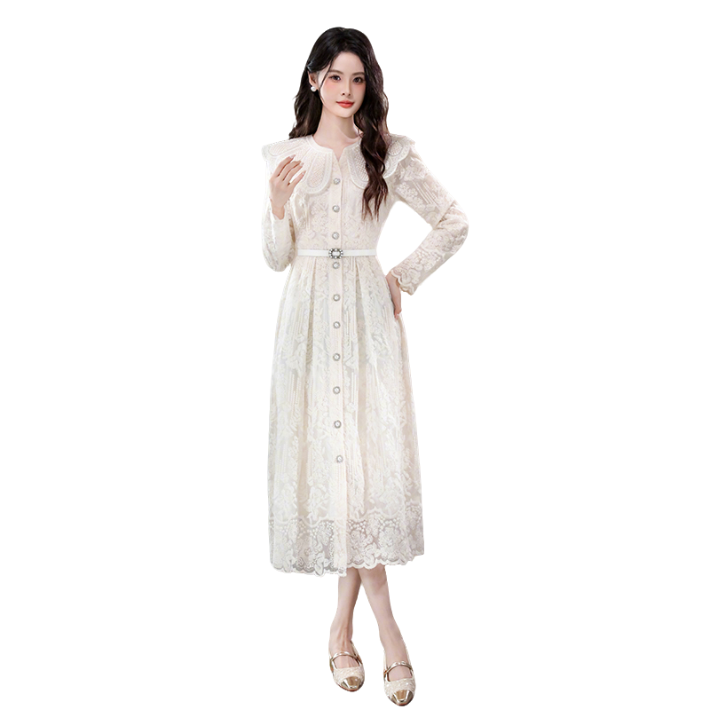 Women's Long Sleeve A-Line Lace Embroidered Dress with Doll Collar and Button Front - Style a54aa8 - Image 5