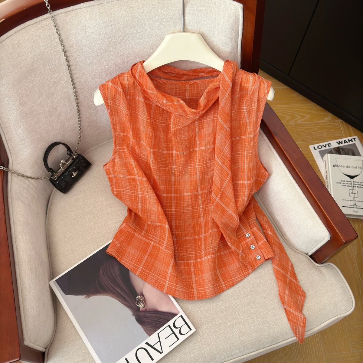 Women's Plaid Sleeveless Shirt with Ribbon Detail Summer 2026