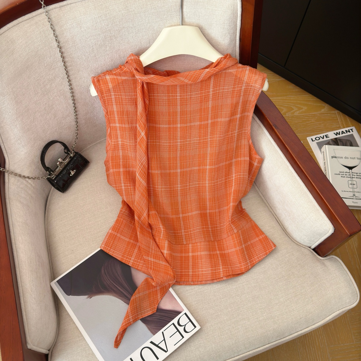 Women's Plaid Sleeveless Shirt with Ribbon Detail Summer 2026 - Image 5