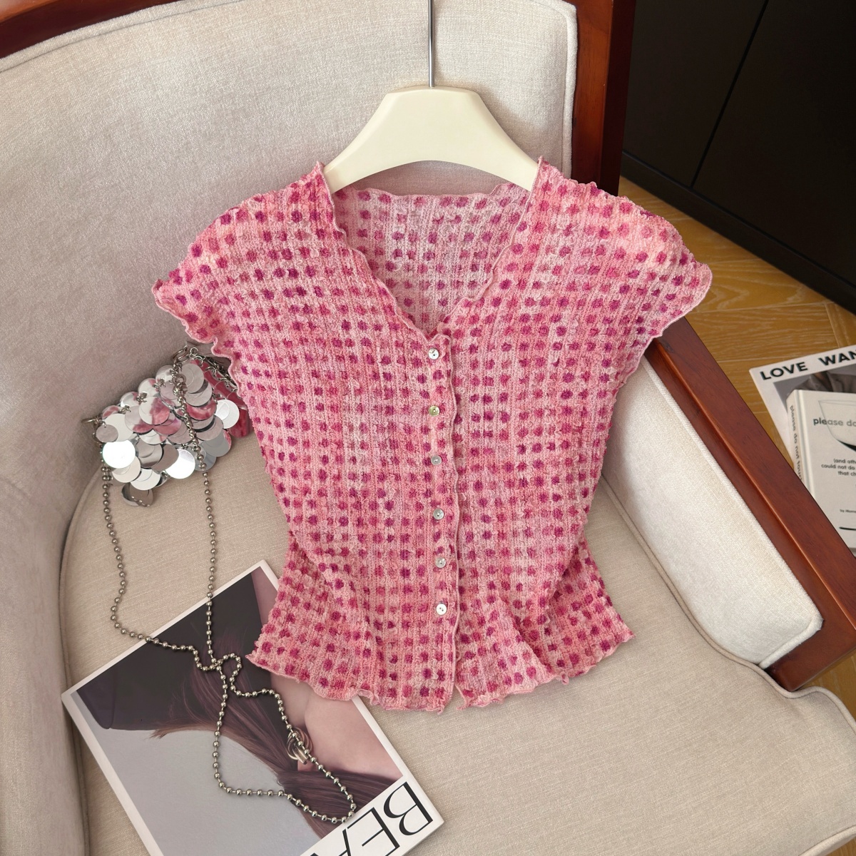 Women's Plaid Slimming Shirt Summer Short Sleeve Puff Sleeve Open Front Cardigan