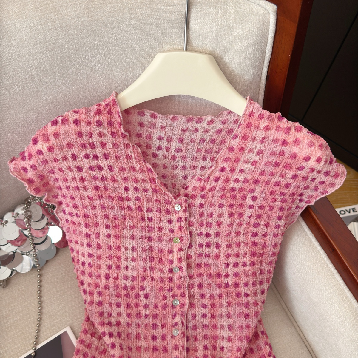 Women's Plaid Slimming Shirt Summer Short Sleeve Puff Sleeve Open Front Cardigan - Image 2