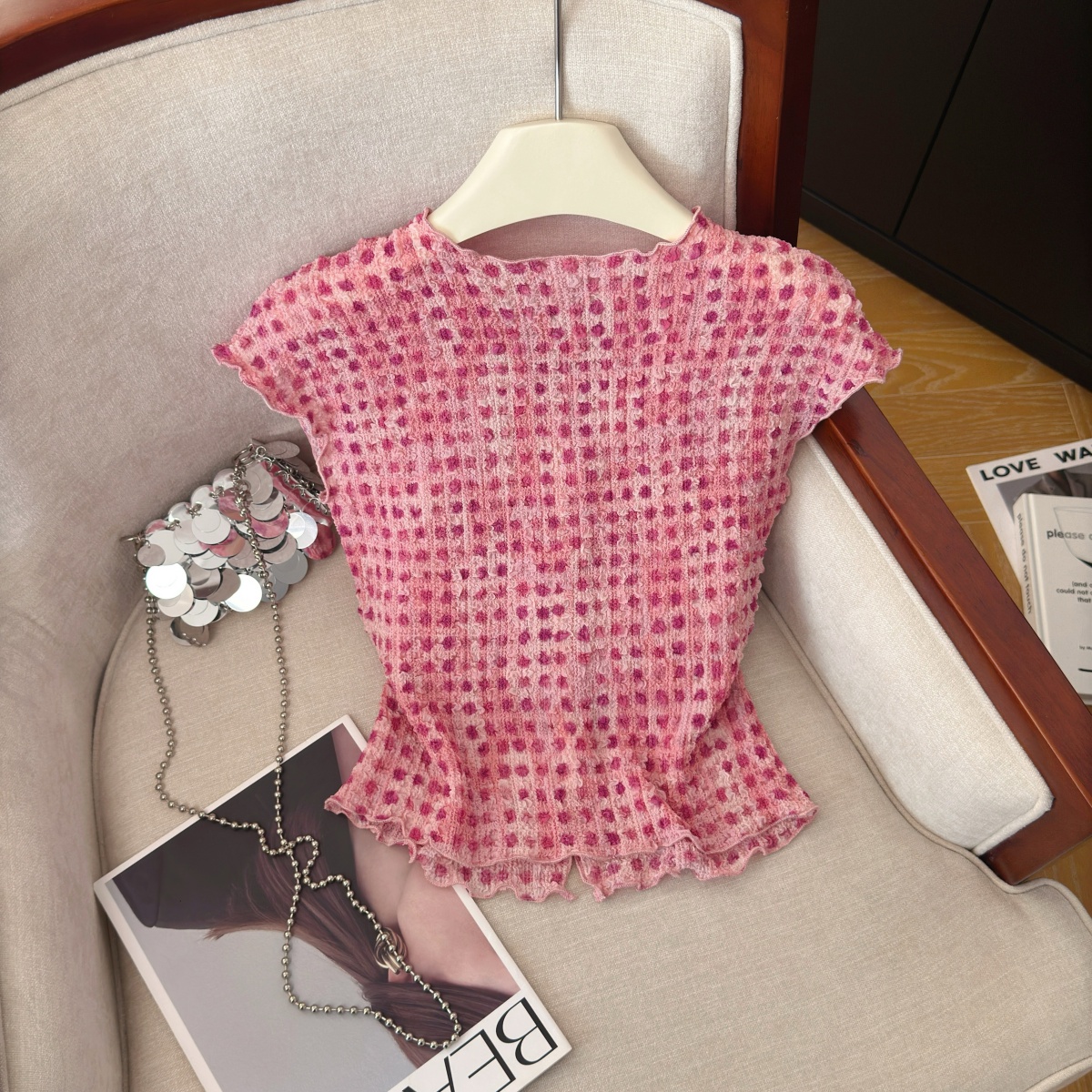 Women's Plaid Slimming Shirt Summer Short Sleeve Puff Sleeve Open Front Cardigan - Image 5