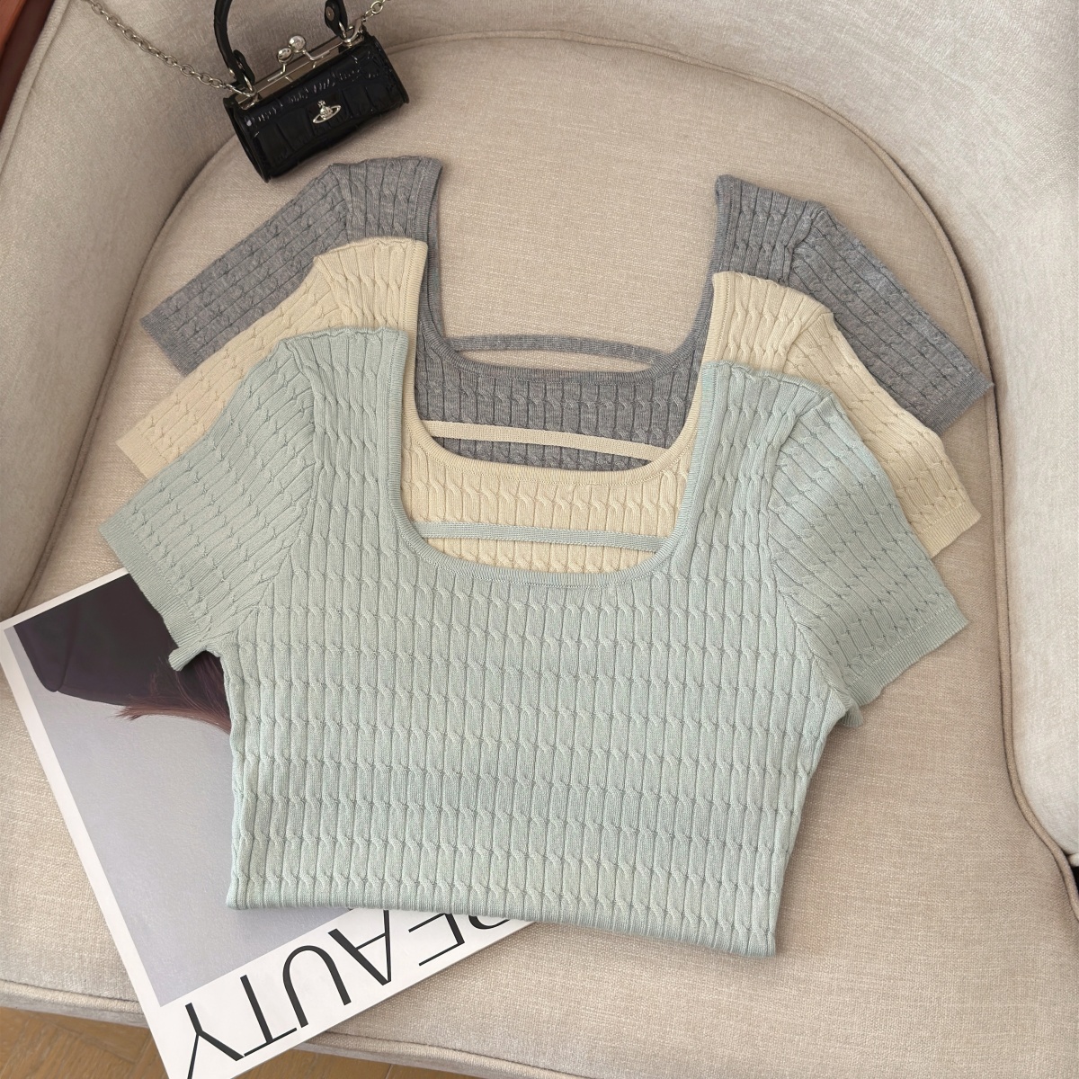 Women's Reversible Knit Top Summer Short Sleeve Vertical Striped Slimming Soft - Image 5