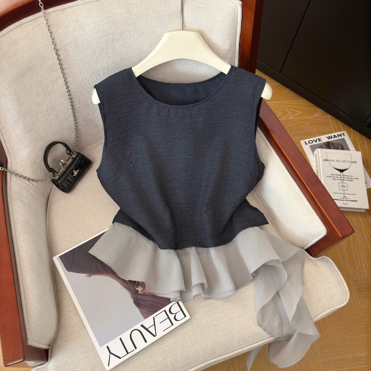 Women's Sleeveless Faux Two-Piece Shirt with Ribbon Detail Korean Style Summer Top