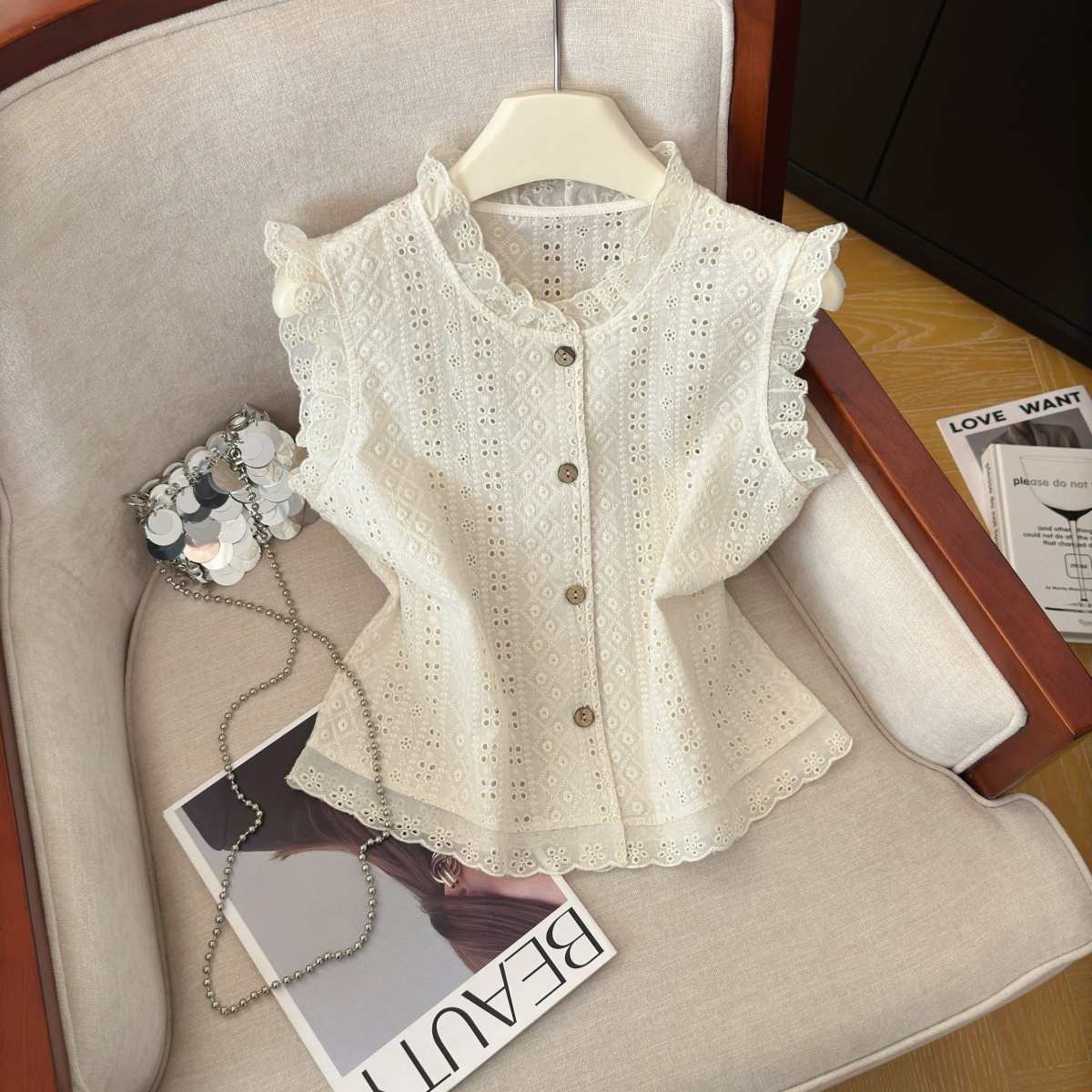 Women's Sleeveless Lace Spliced Jacquard Shirt Summer Loose Fit Top