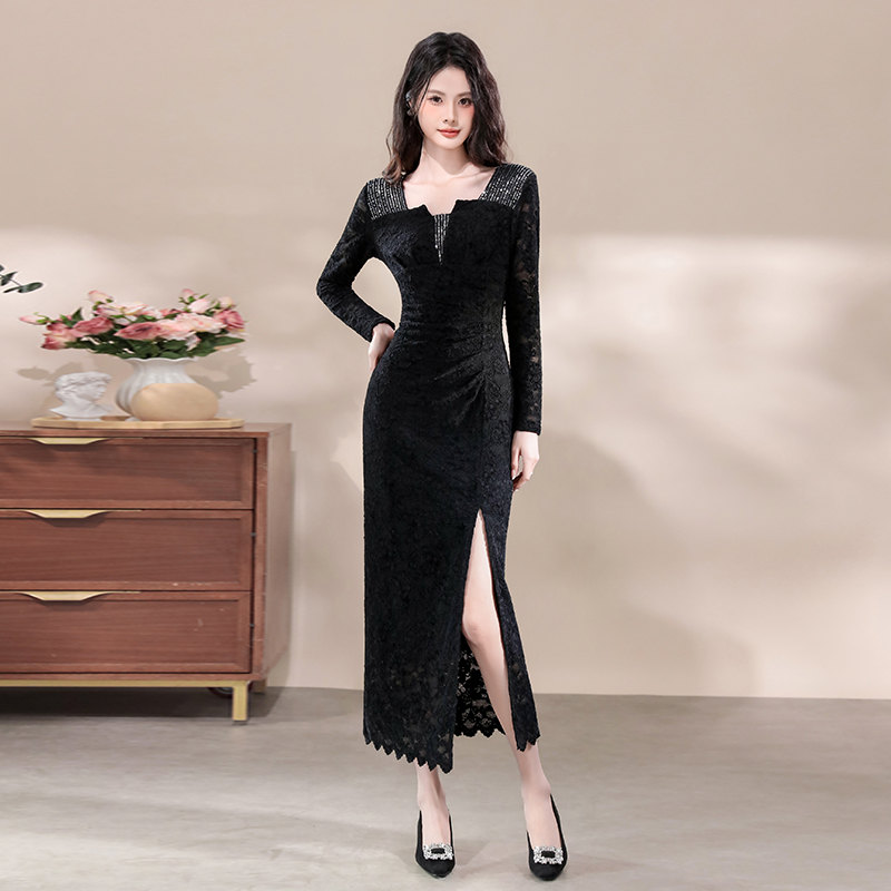 Women's Square Neck Lace Midi Dress with Rhinestone Detail and Slit
