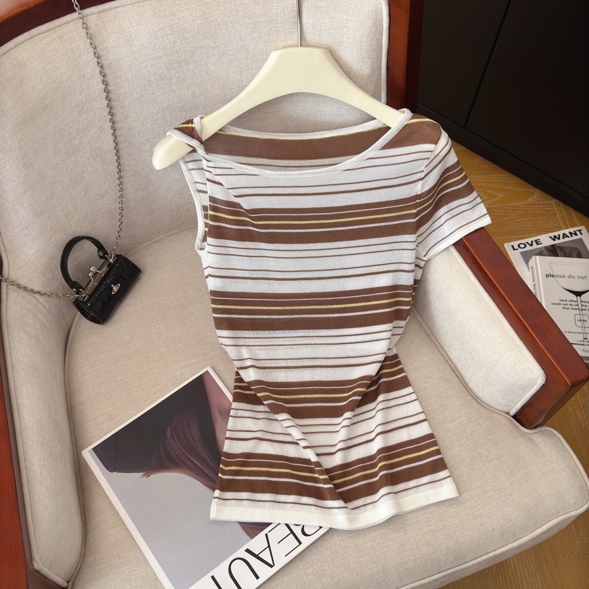Women's Striped Knit Top Sexy Off-Shoulder Slimming Summer Pullover - Image 2