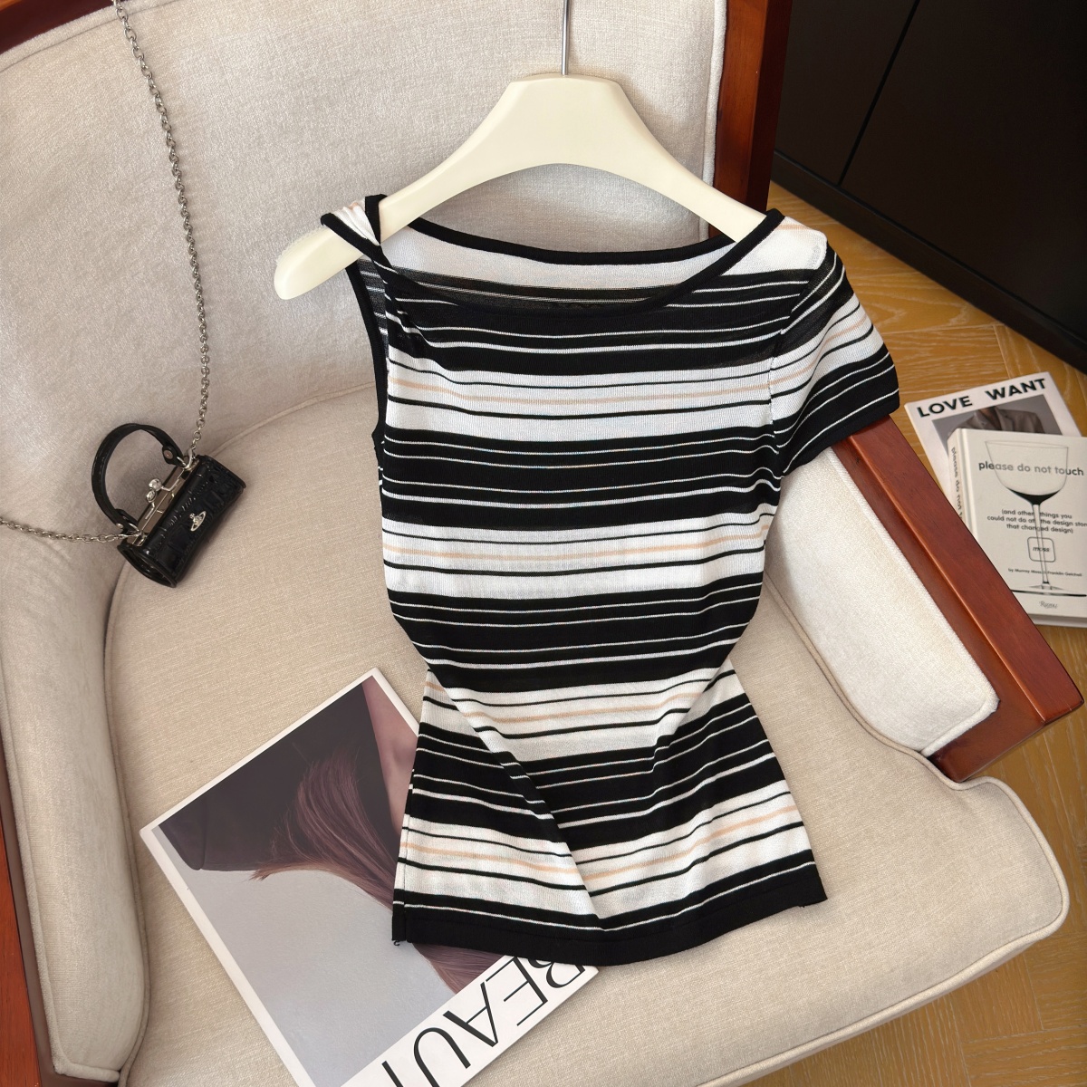 Women's Striped Knit Top Sexy Off-Shoulder Slimming Summer Pullover - Image 3