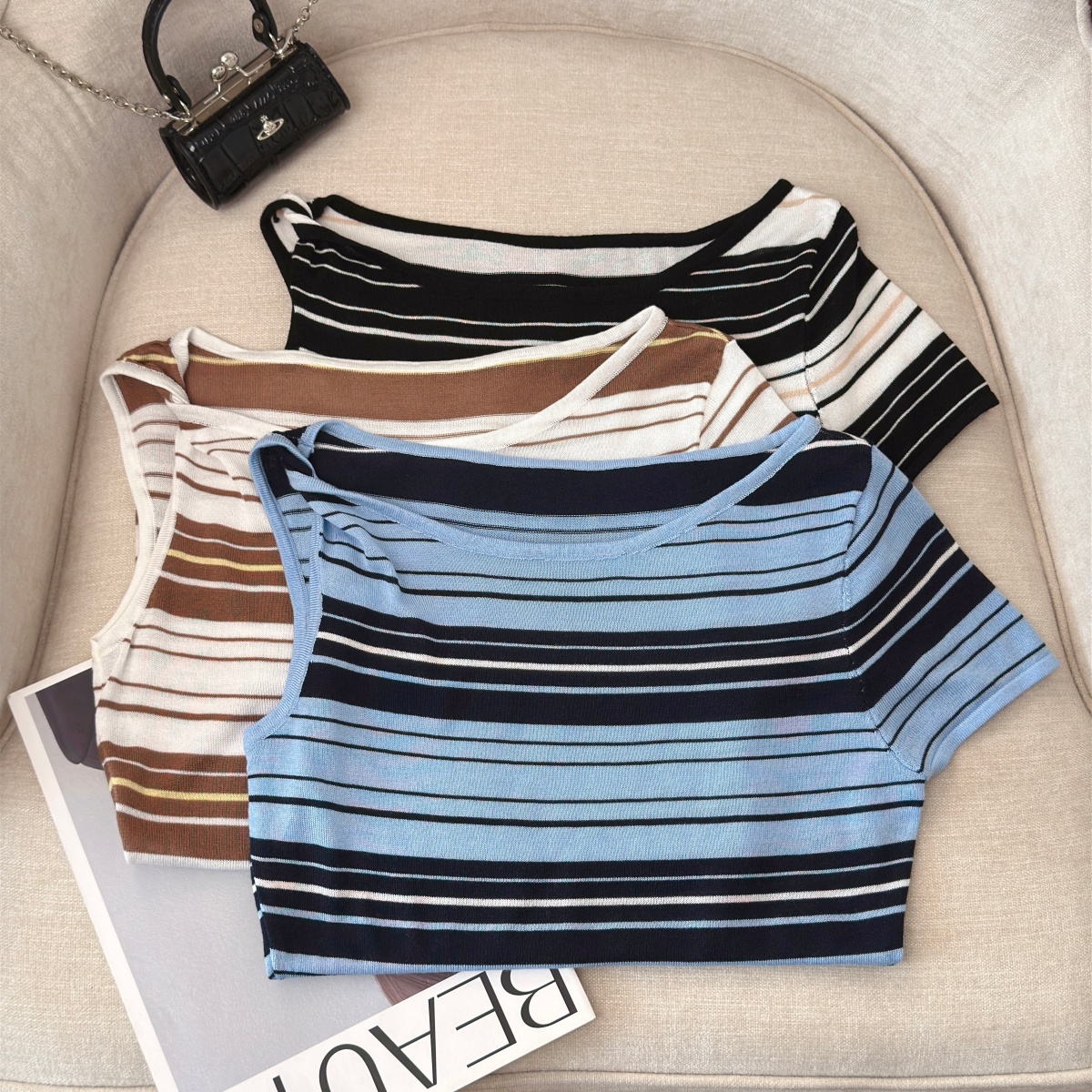 Women's Striped Knit Top Sexy Off-Shoulder Slimming Summer Pullover - Image 5