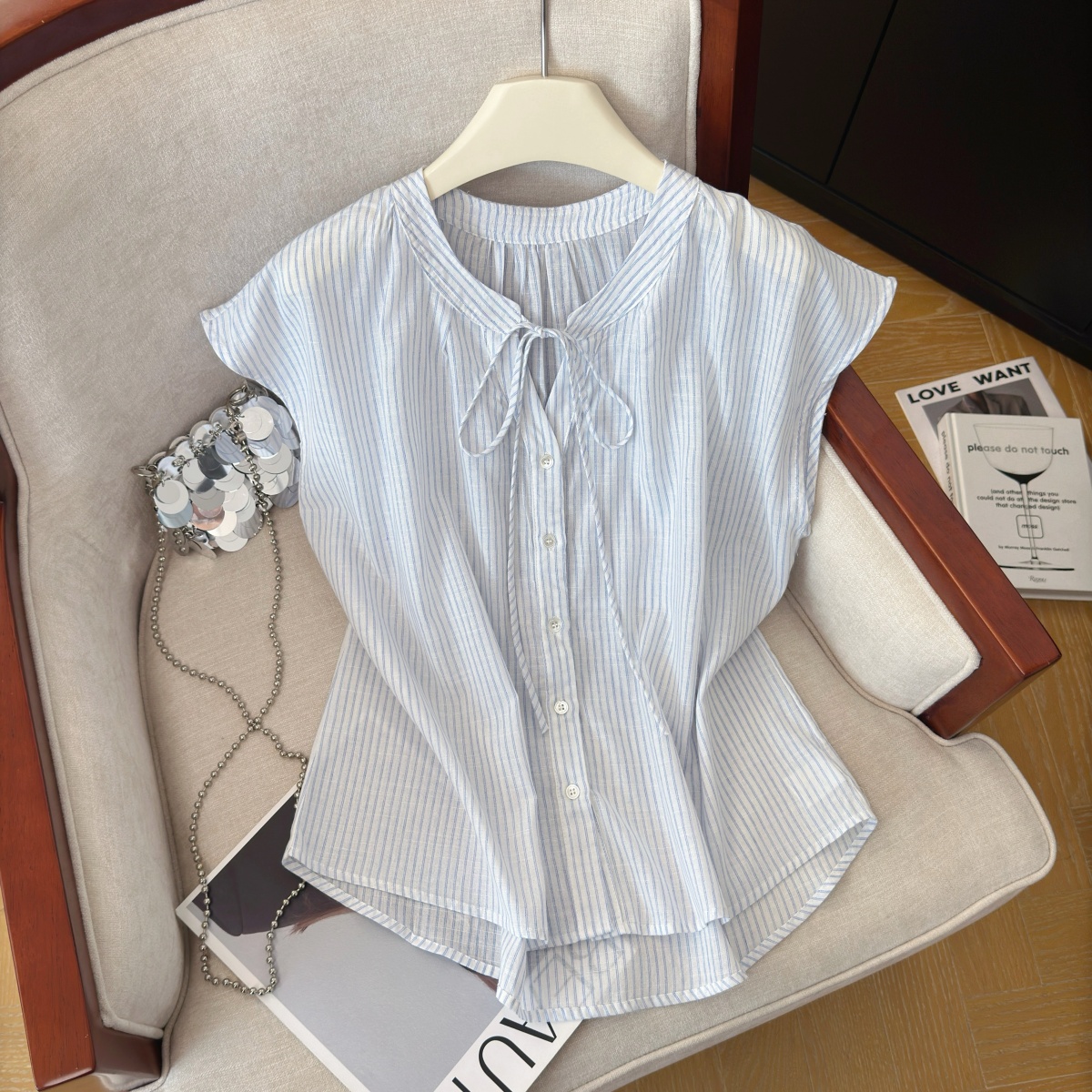 Women's Striped V-Neck Tie Shirt Summer Loose Cardigan