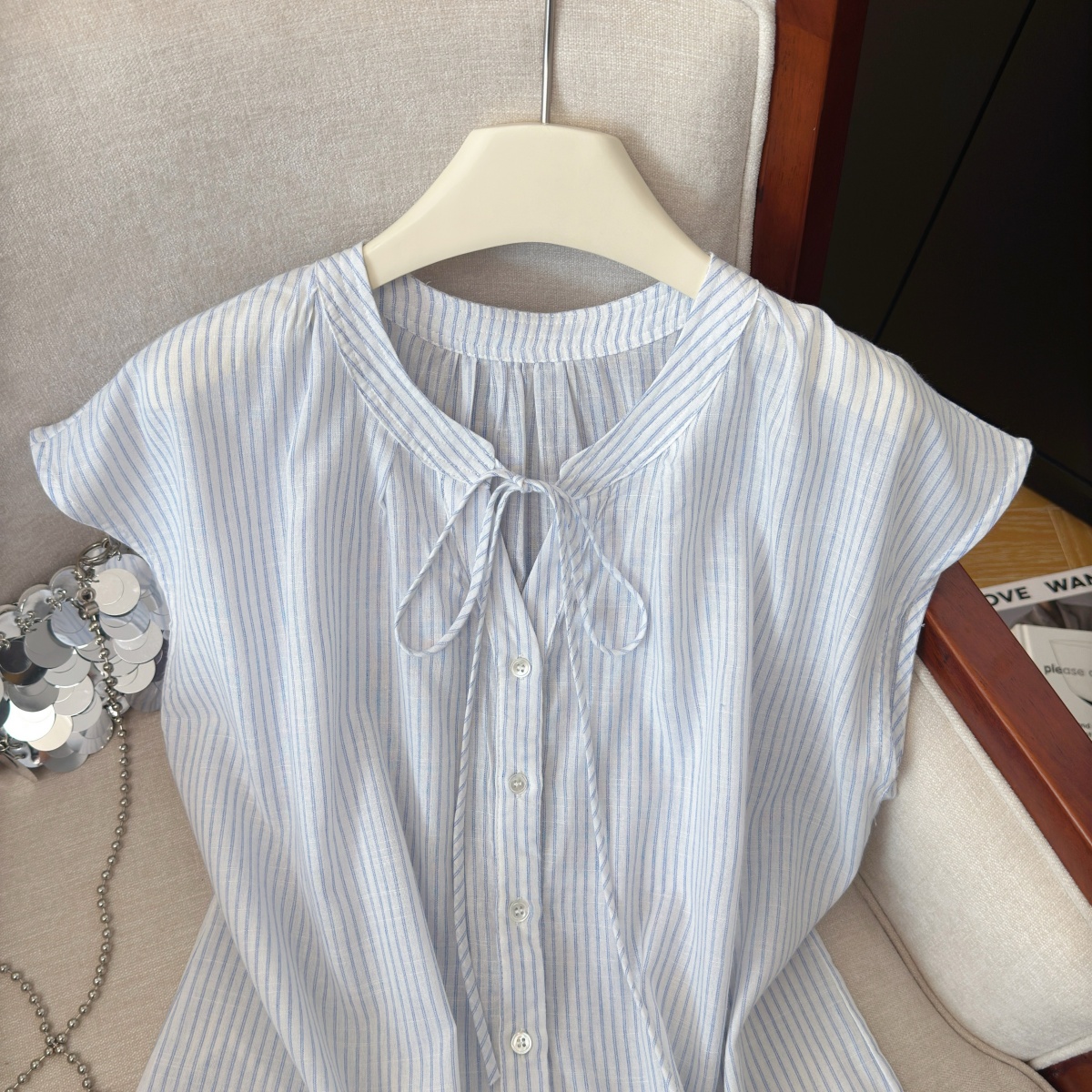 Women's Striped V-Neck Tie Shirt Summer Loose Cardigan - Image 2