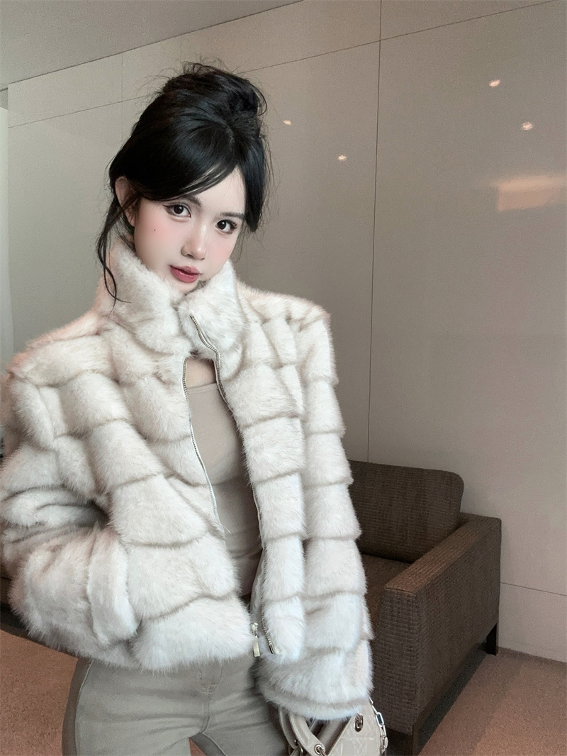 Women's Winter Faux Fur Coat with Small Stand Collar and Striped Design