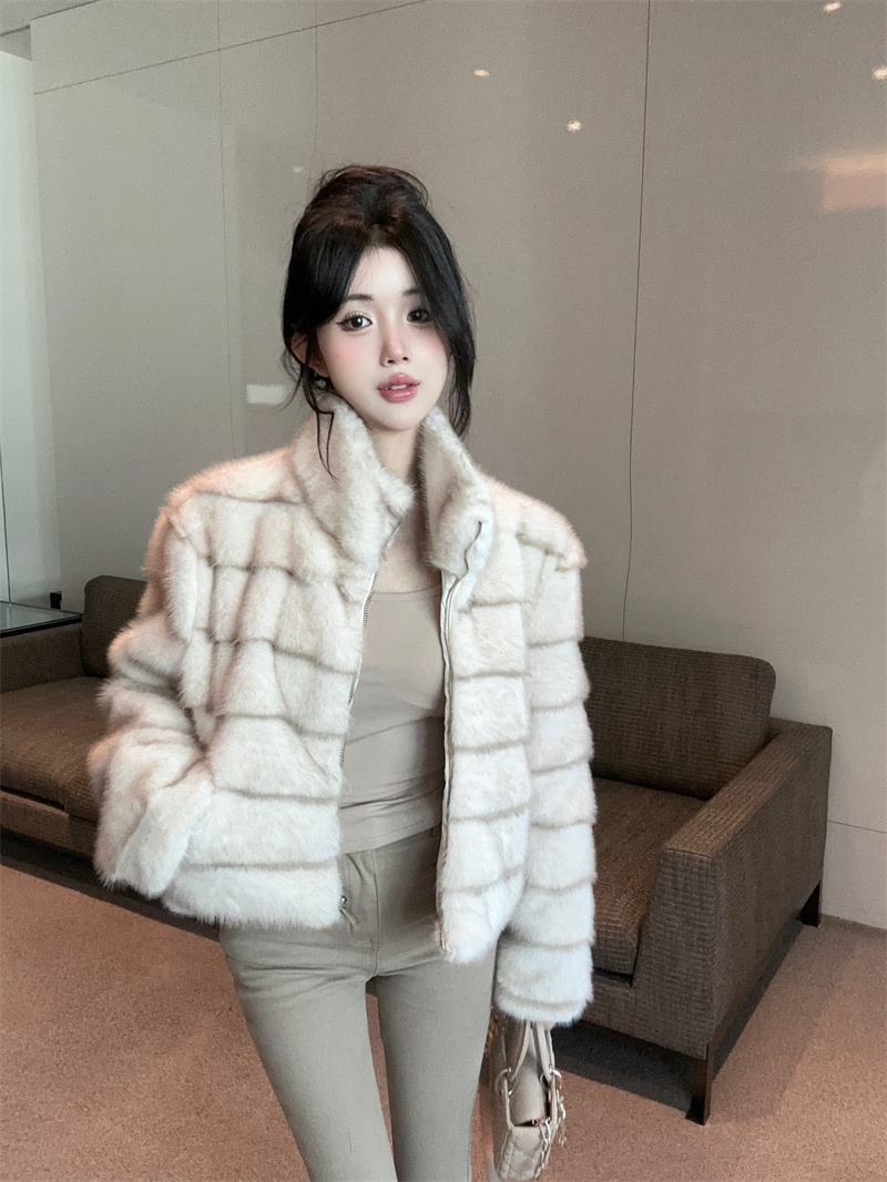 Women's Winter Faux Fur Coat with Small Stand Collar and Striped Design - Image 2