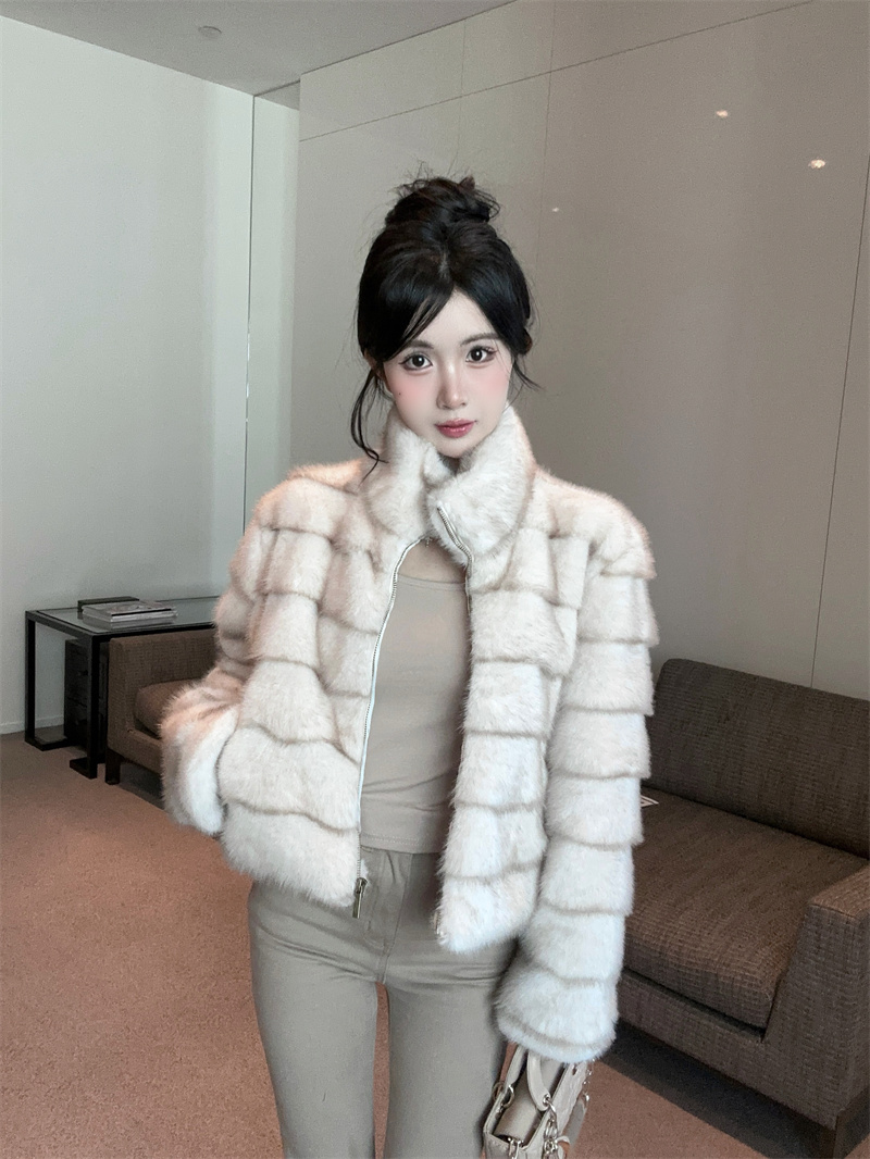 Women's Winter Faux Fur Coat with Small Stand Collar and Striped Design - Image 3