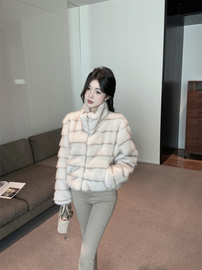 Women's Winter Faux Fur Coat with Small Stand Collar and Striped Design - Image 4