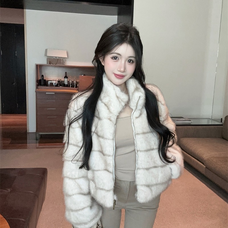 Women's Winter Faux Fur Coat with Small Stand Collar and Striped Design - Image 5
